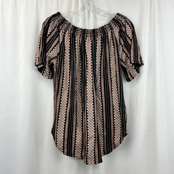 Ann Taylor Loft Short Sleeve Off Shoulder Black/Multi Print Top Size Medium - Picture 7 of 9